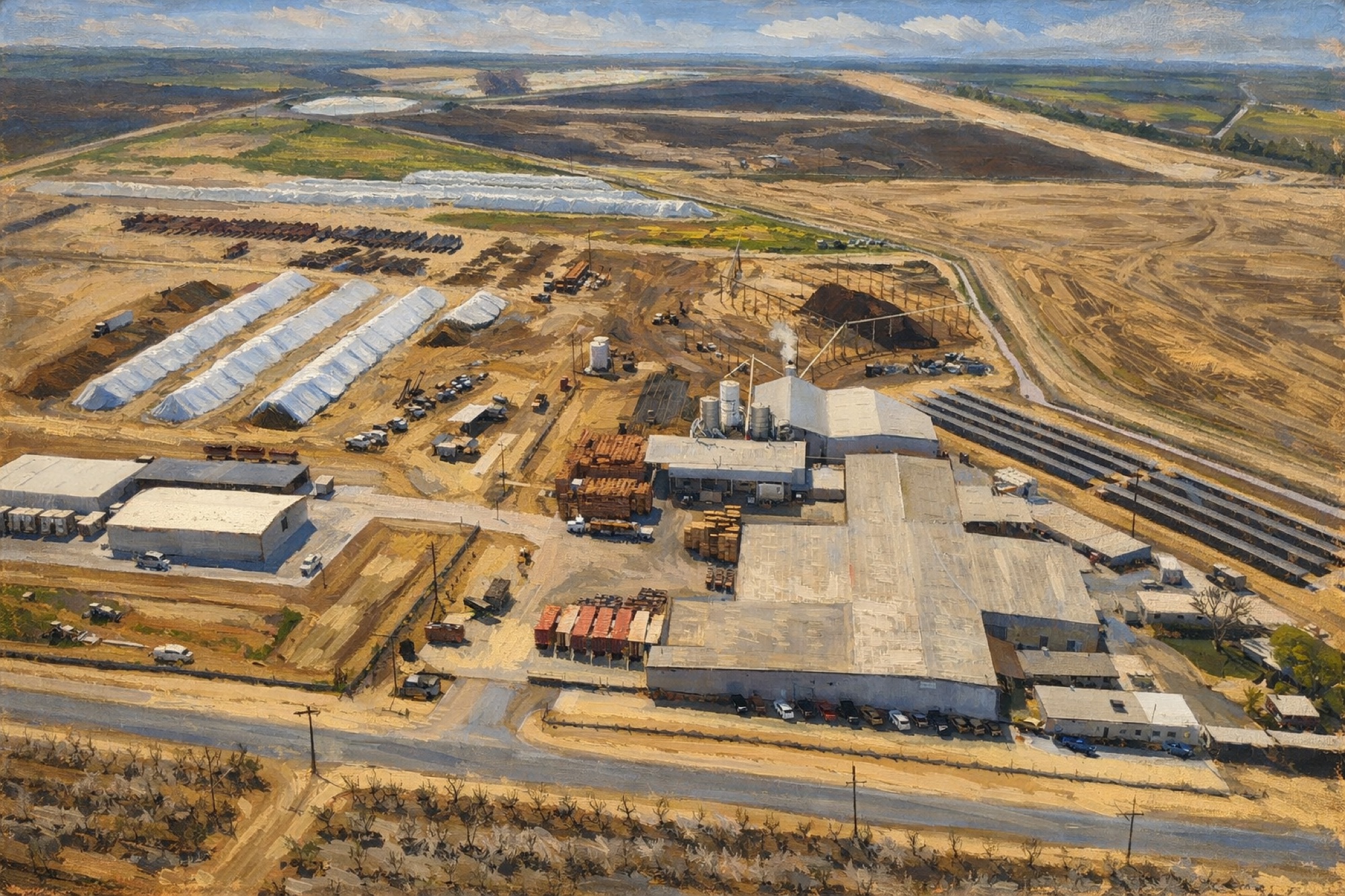 Painting of the Famoso facility seen from above: warehouses, tarped stockpiles and orchards along Famoso Woody Road
