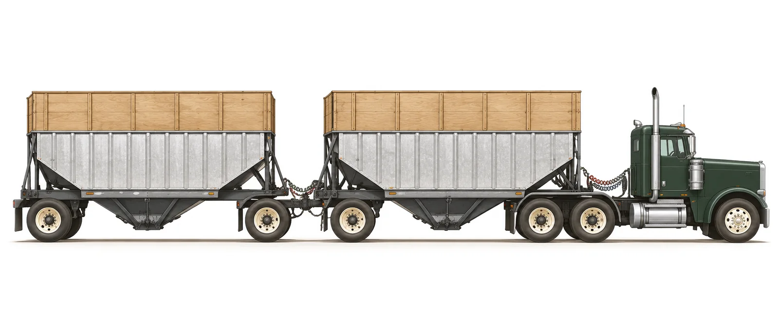 A green truck pulling two hopper trailers full of almonds